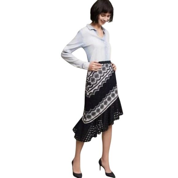 Eva Franco Anthropologie Asymmetrical Flamenco Midi Skirt Navy White, size 8 - Picture 1 of 11